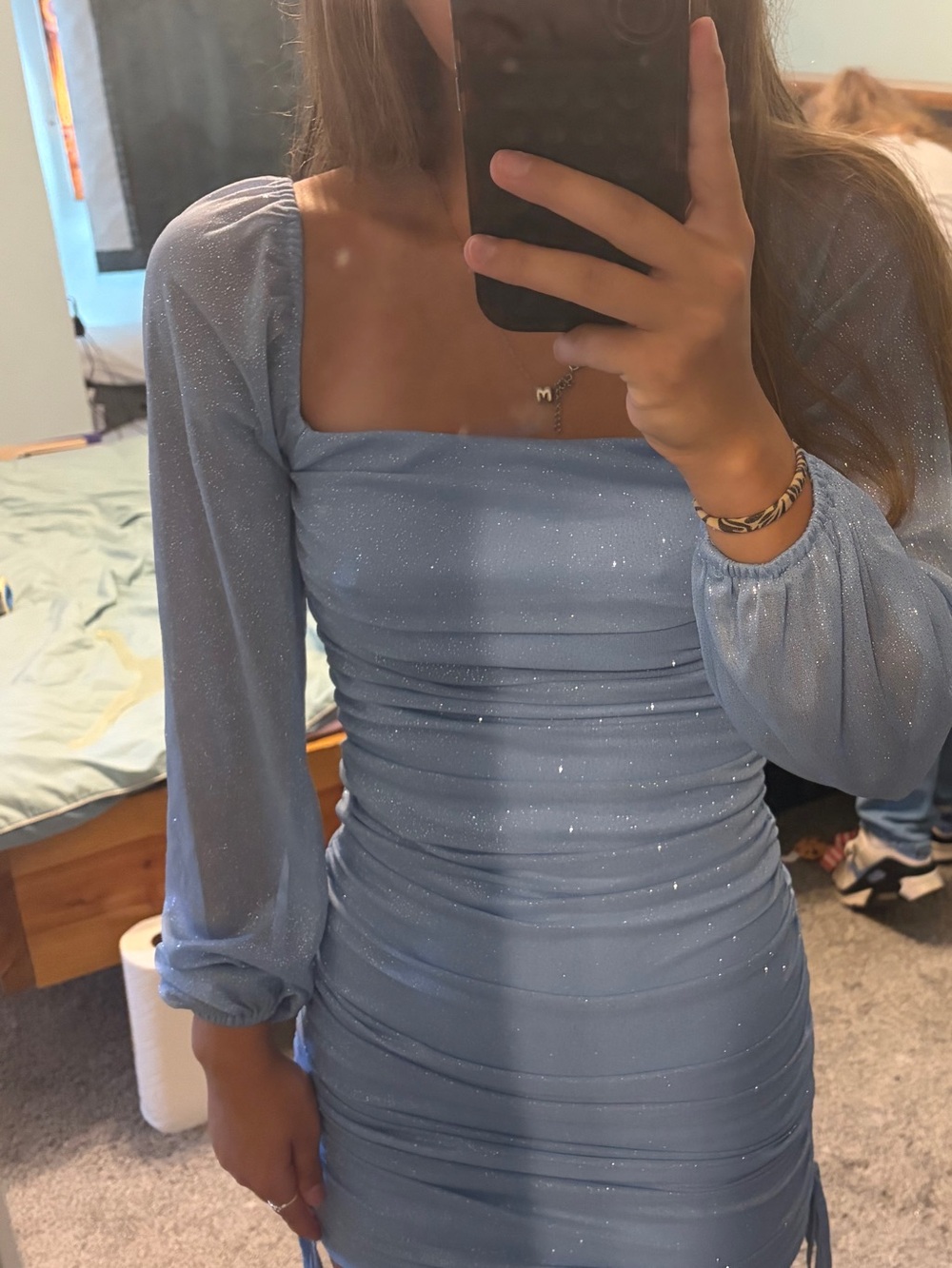 Sparkle Light Blue Square-Neck Ruched Dress